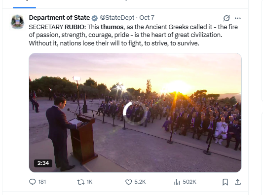 User-supplied screenshot documenting the U.S. Department of State's October 7, 2026 social post centering Secretary Rubio's thumos passage.